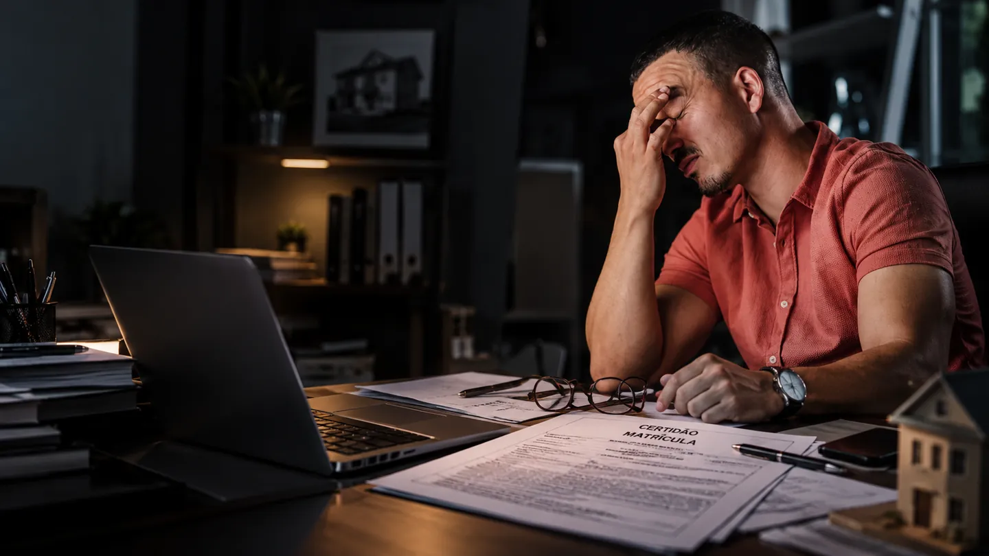 Homem cansado de madrugada diante da certidão de matrícula do imóvel